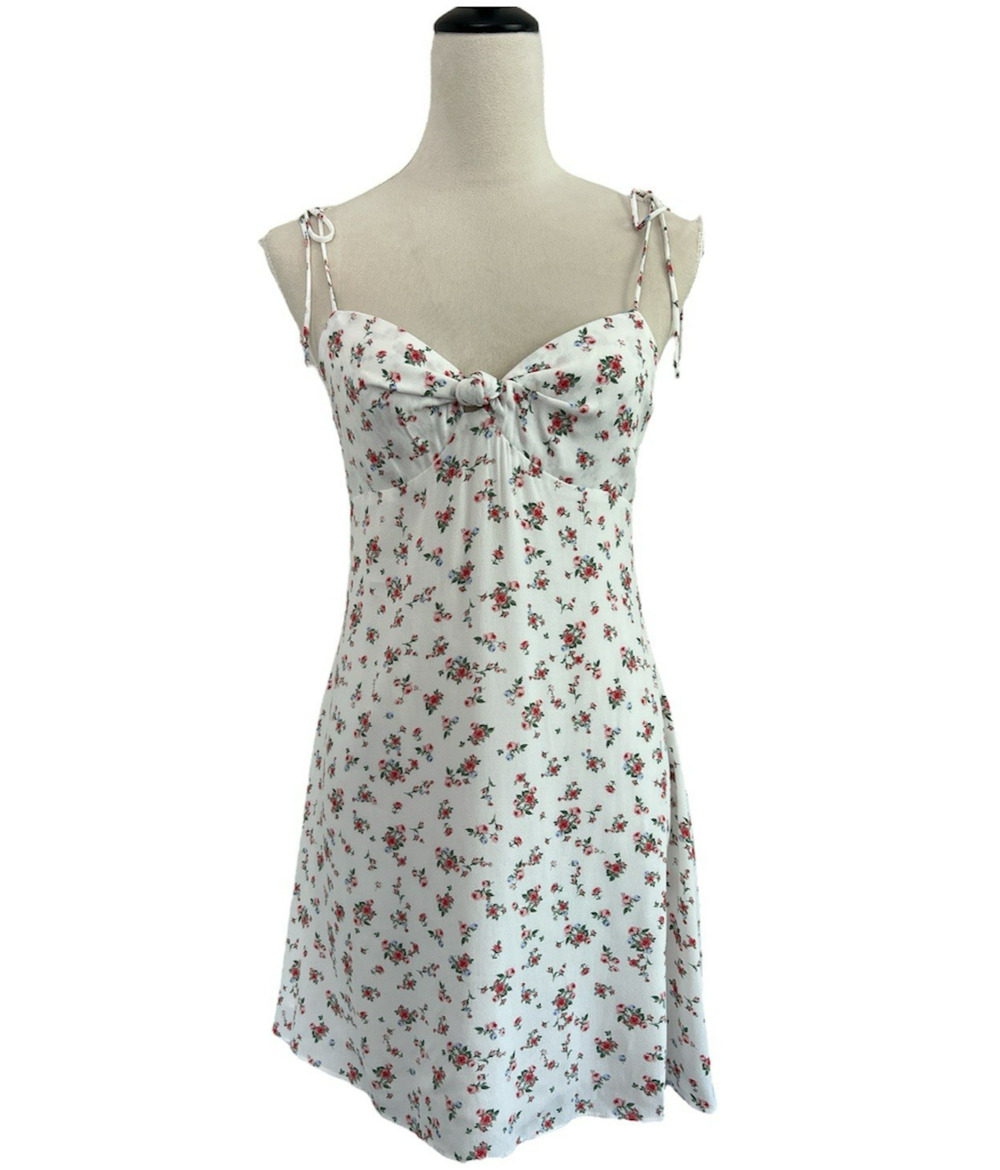 NWT Elodie White Floral Mini Dress Small Shoulder Ties Babydoll Milkmaid Peasant